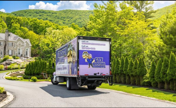 617 Boston Movers truck driving through a residential neighborhood